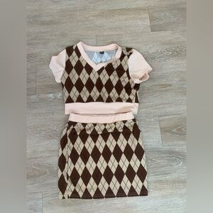 SHEIN Brown and Beige Plaid Shirt & Skirt Set Size M (Size 6)